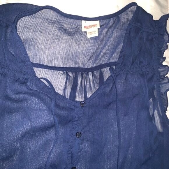 Mossimo Navy Sheer Sleeveless Ruffle Blouse With Button Front & Drawstring Waist - Picture 2 of 8